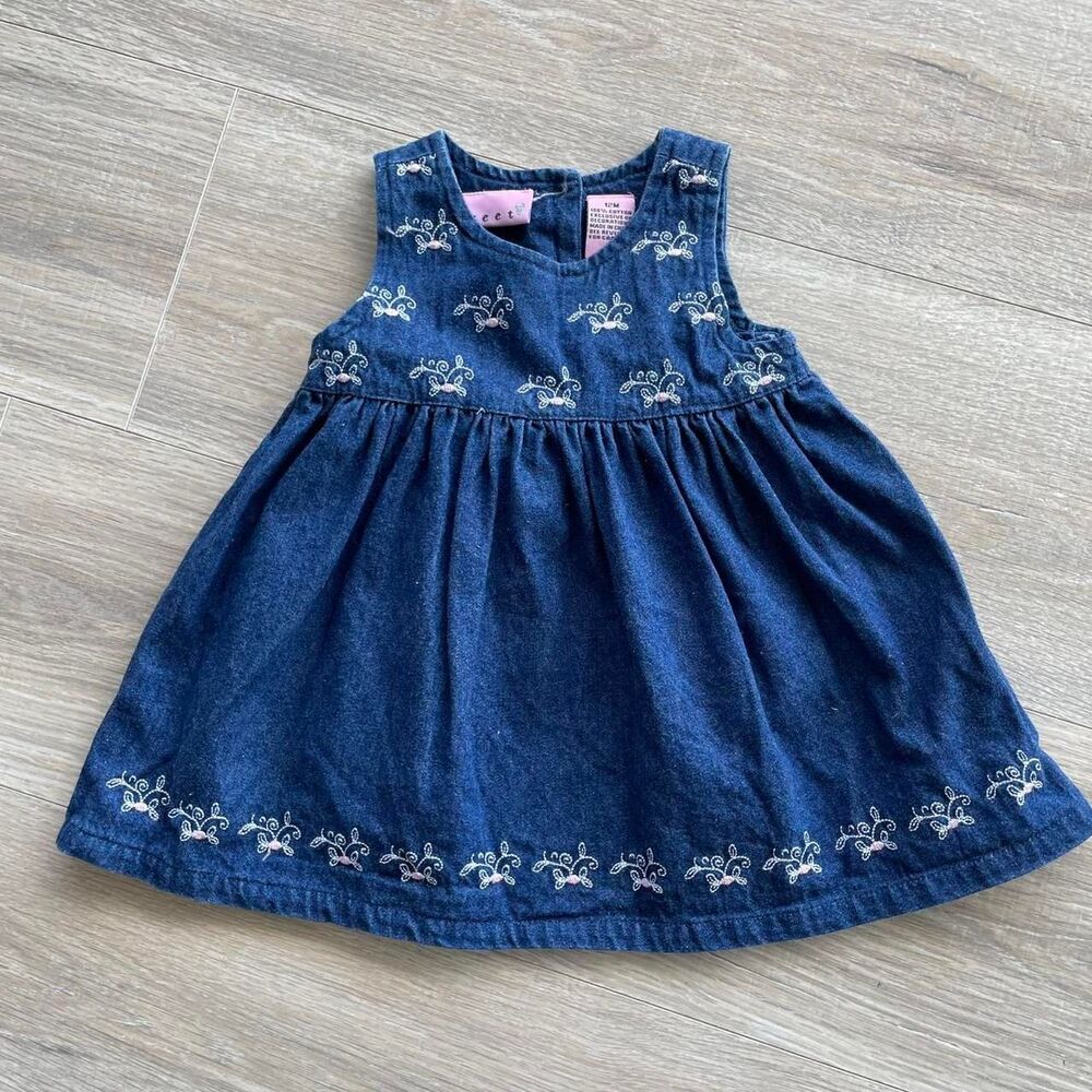 Sweet Denim Baby Girl Dress 12 Mos Embroidered Cottage Y2K Sundress VTG Summer